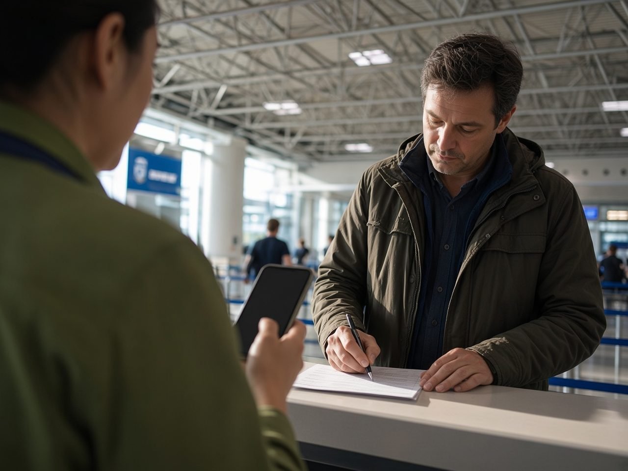 A traveller at an airline baggage service desk showing a phone screen to a uniformed staff member, a printed delayed-baggage report on the counter between them