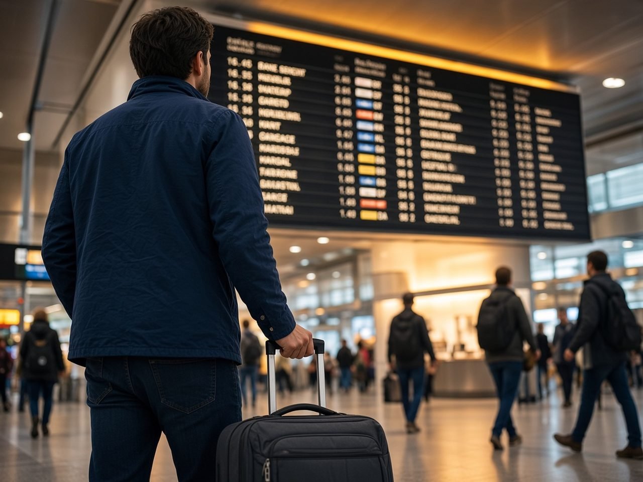 An airport departures board showing a flight marked delayed, with a traveller checking their phone underneath it