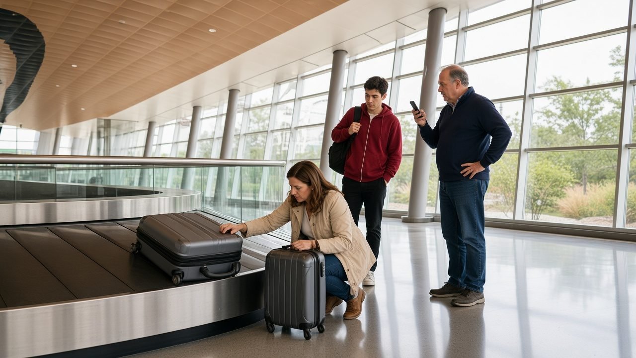 A baggage carousel at an airport arrivals hall, with one traveller crouched by her own suitcase, another checking his phone and a third walking up to the belt